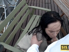 Step-sister sex smoking behind stepdaddyu2019s back? here, suck my cock!