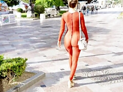 Morning walk in a transparent suit in public