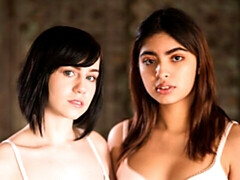 Спальня, Минет, Брюнетки, Две девушки, Лизание, Натуральные сиськи, Тату, Втроем