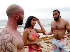 Beautiful babe with natural boobs gets properly fucked in threesome