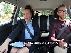 Busty milf fucked outdoors in the car by a driving student
