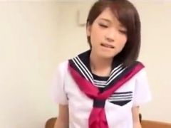 Japanese teen in school uniform shoved in her hairy quim