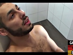 German gay daddy fucked by hairy stud bareback in bathroom