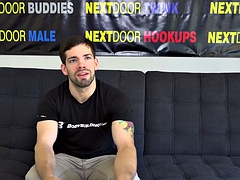 Casting stud with athletic body jerks cock on interview