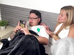 Blonde StepMom Gives StepSon a Blowjob While Husband Sleeps
