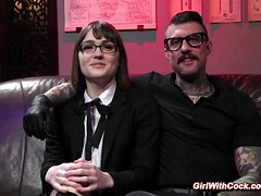 Shemale deep throats tattooed cock to her master