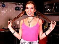 Pigtailed cutie with natural tits Bailey Base strokes a dick