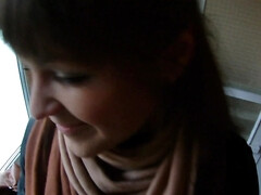 Naughty Russian wench with bangs gives blowjob on stair platform