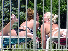 1 of trio Candid bathing suit butt Tanning Pool Selfie Blonde Redhead