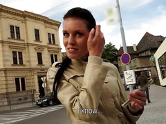 Cameraguy convinces dark-haired beauty to show tits for money