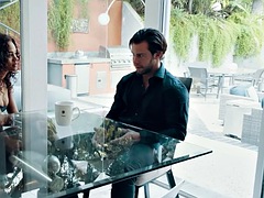 Ebony perkyboobs babe enjoys passionate sex with her white lover