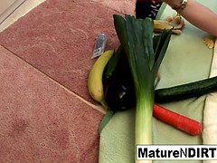 Brunette matures get each other off with vegetables