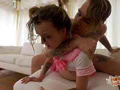 Petite blonde Babygirl gets her throat fucked and messy facial