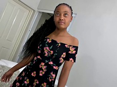 African casting - small black pierced tits ride on a huge white dick