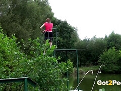 Cute Brunette Lifts Herself Up To The Challenge of Getting Outdoors With A Secret Peeing Adventure