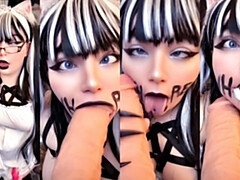 ぽっちゃり, フェラチオ, デブ, 女, 開帳, 巨大なディルド, メイド, 一人