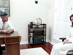 Cutie Molly Manson is lying on the table and touching her wet pussy