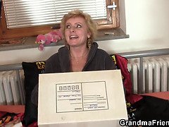 Skinny blonde grandma enjoys threesome sex