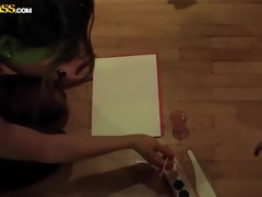 Rubia, Morena, Universidad, Tacones, Lesbiana, Lencería, Medias largas, Tatuaje