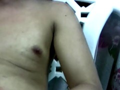 thai lboy with big balls caressing her hairy shecock