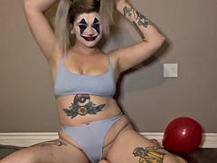 Ditzy Clown Girl Gets Hiccups From Balloons Then Strips