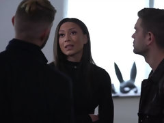 フェラチオ, バック, ダブル開発, ヒール, なめる, ストッキング, 三人, オッパイの