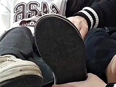 Chinese girls double foot worship before footjob
