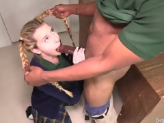 Ebony man is plumbing a whorey, platinum-blonde geek with braids, to instruct her a lesson