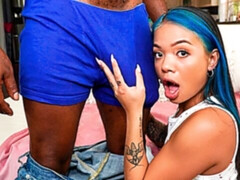 Blue-haired teen Paisley Page jumps on a very long black cock