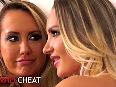 Cali Carter cheats on her husband with her busty friend Brett Rossi & gets her pierced belly pierced in hot lesbian action