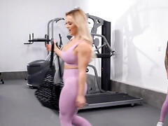 Lesbian workout of the big-tittied blonde and tattooed partner