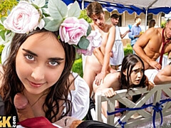 Mariée, Brunette brune, Robe, Groupe, Hd, De plein air, Public, Mariage