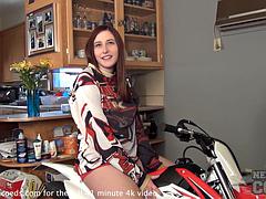 Busty Redhead Cheerleader Strips From Lingerie On Motorcycle Exposing Huge Tits Before Spreading Her