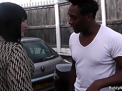 Busty working woman swallows his huge black dick