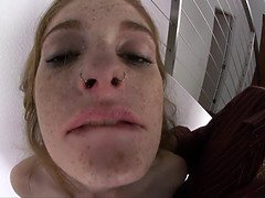 Freckled Freak Faye Reagan gets tied up and spit-roasted in bondage