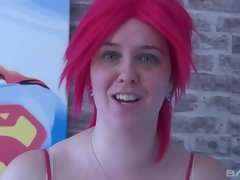 blonde chick masturbates and sucks a nerd's dick