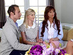 フェラチオ, 茶髪の, グループ, 熟年, 淫乱熟女, 小柄, ティーン, 三人