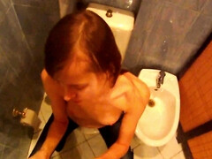 Slutty amateur chick is having sex in the public toilet