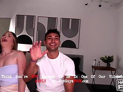 Muscular stud strips naked and cums hard on big tits and ass