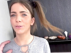 French teen with pigtails takes a cum load in her mouth & reverse cowgirl ride