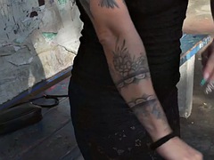 Amateur, Grosse bite, Noire, Noir ébène, Interracial, De plein air, Public, Tatouage