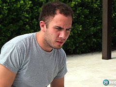 Sierra, the blonde MILF, gives the pool boy a hard fuck and swallows his load in the great outdoors