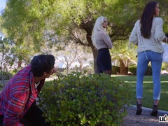 お尻, デカパイ, ブロンド, チン, バック, アウトドア, オマンコ, ショートヘア