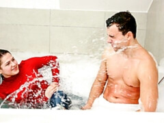 浴室, フェラチオ, 茶髪の, バック, 手コキする, ティーン, オッパイの, 濡れ