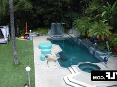 A sophisticated, experienced woman named Krissy Lynn is pleasured by the young man who tends the swimming pool. - Krissy lynn