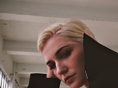 Short haired blonde Skye Blue shows off her big natural tits