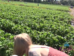 Enthousiasteling, Grote kont, Blond, Vingeren, Flashing, Buiten, Gezichtspunt, Tieten likken