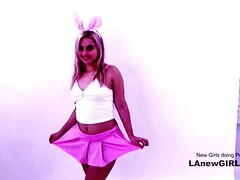 Super cute bunny girl licks bootie and cums at audition