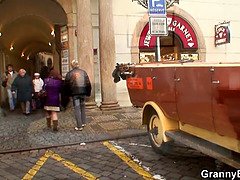 Hot grandma in stockings riding