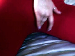 Blonde In Red Tights Teases And Fucks Boyfriend, Takes Cum On Ass